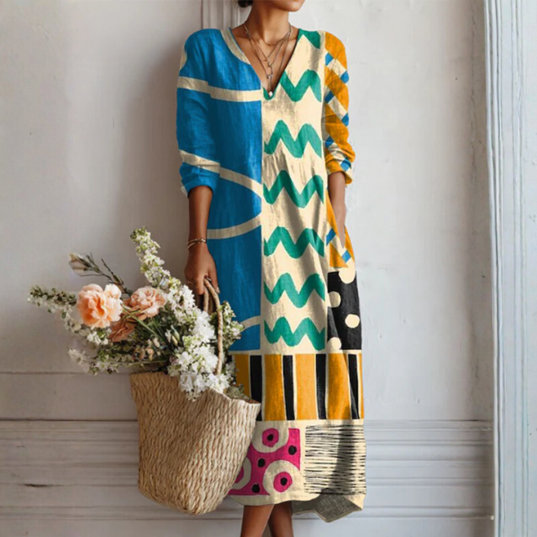 Jimena | Vestido Midi Boho de Lino Estampado Mujer Escote V