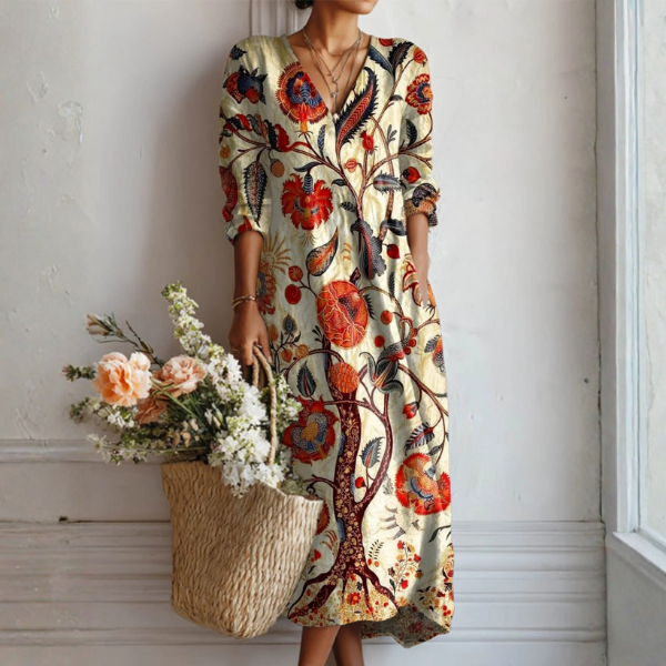 Jimena | Vestido Midi Boho de Lino Estampado Mujer Escote V