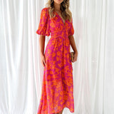 Asun | Vestido midi floral con mangas abullonadas para mujer