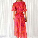 Asun | Vestido midi floral con mangas abullonadas para mujer