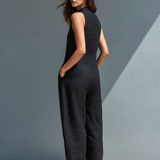 Ashla | Mono minimalista de lino para mujer, sin mangas, cuello alto y botones