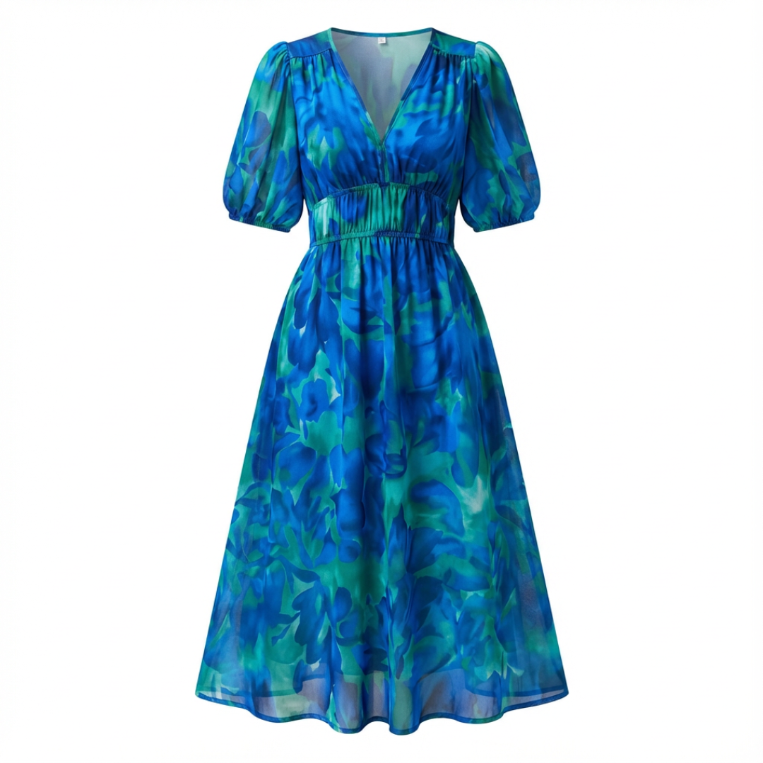 Noa | Vestido Midi Estampado Mujer Escote en V Manga 3/4 Cintura Fruncida