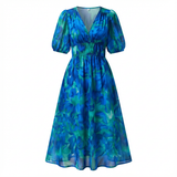 Noa | Vestido Midi Estampado Mujer Escote en V Manga 3/4 Cintura Fruncida