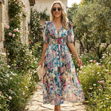 Noa | Vestido Midi Estampado Mujer Escote en V Manga 3/4 Cintura Fruncida