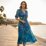 Noa | Vestido Midi Estampado Mujer Escote en V Manga 3/4 Cintura Fruncida