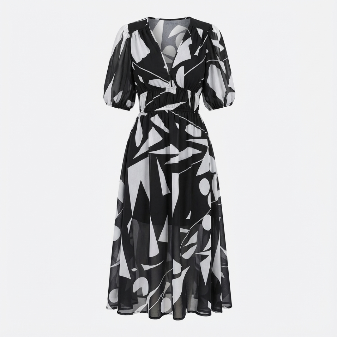 Noa | Vestido Midi Estampado Mujer Escote en V Manga 3/4 Cintura Fruncida