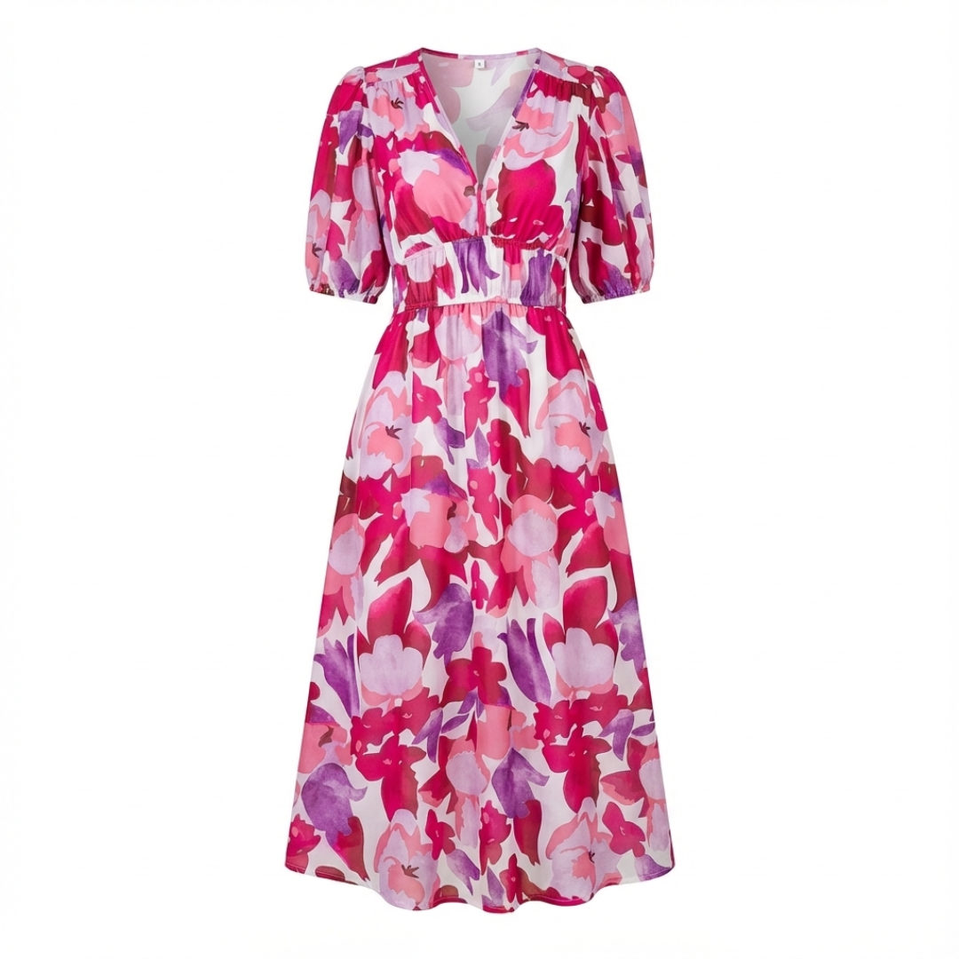 Noa | Vestido Midi Estampado Mujer Escote en V Manga 3/4 Cintura Fruncida