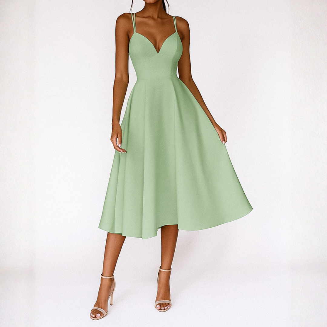 Nieve | Vestido Midi de Tirantes para Invitadas de Boda | Escote V | Falda con Vuelo