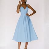 Nieve | Vestido Midi de Tirantes para Invitadas de Boda | Escote V | Falda con Vuelo