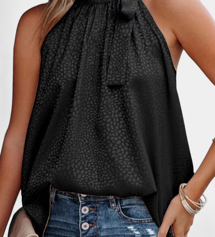 Adela | Top sin Mangas de Leopardo con Cuello Alto y Lazo
