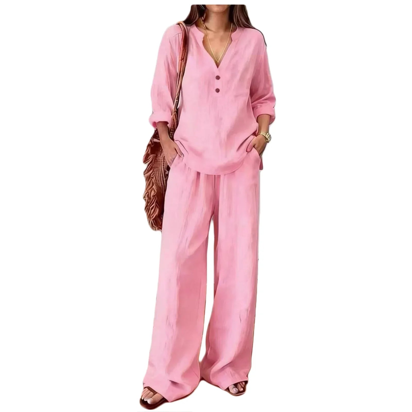 Sebastiana | Conjunto de Pantalón Estilo Verano de Algodón y Lino con Cuello V