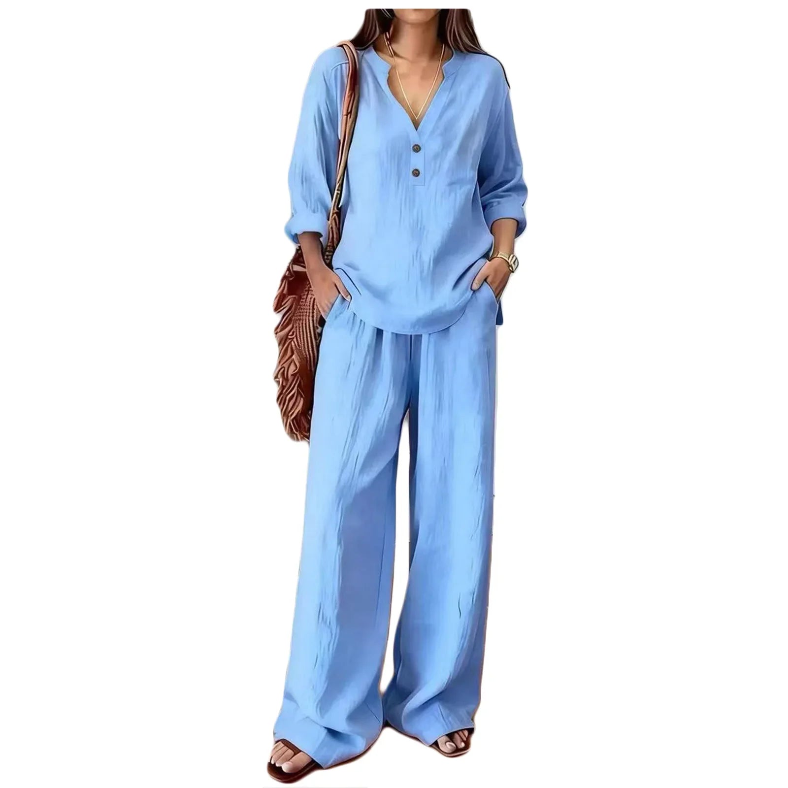 Sebastiana | Conjunto de Pantalón Estilo Verano de Algodón y Lino con Cuello V