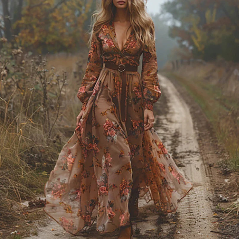 Carola | Vestido maxi boho para mujer con cinturón fluido | Ligero