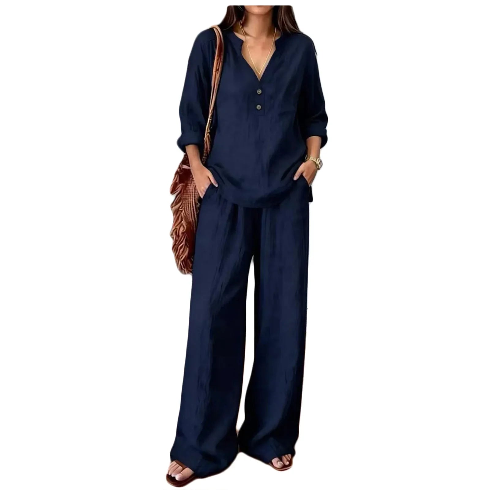 Sebastiana | Conjunto de Pantalón Estilo Verano de Algodón y Lino con Cuello V