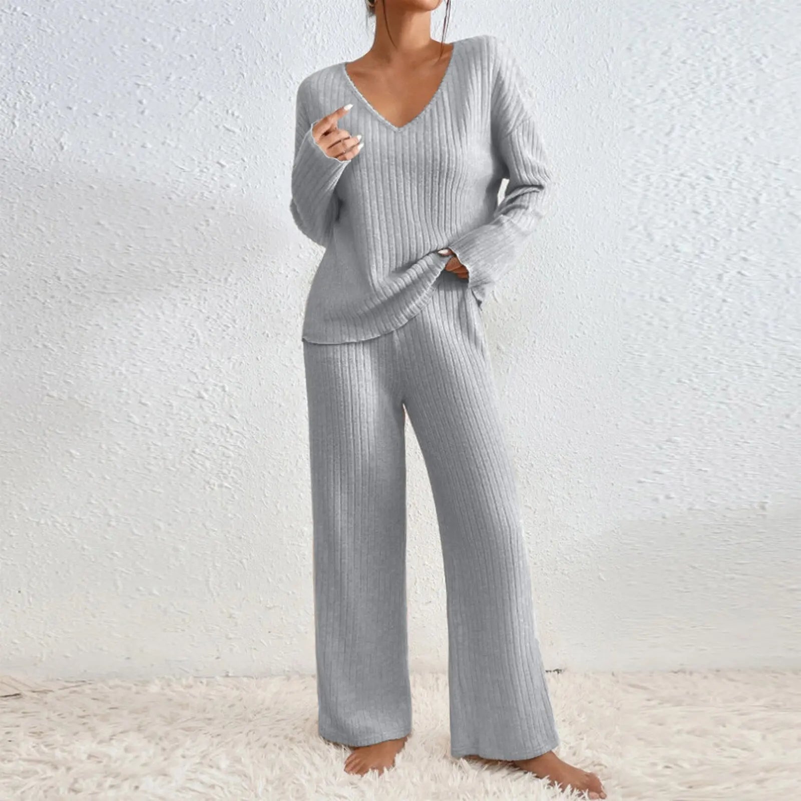 Zavelli | Conjunto completo de dos piezas con pantalones y top con escote en V