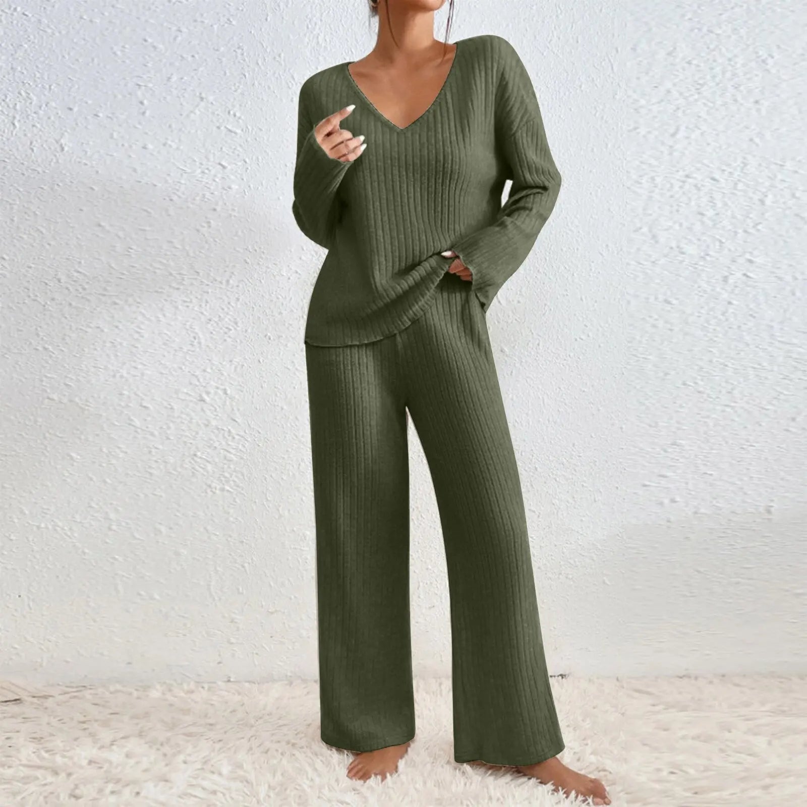 Zavelli | Conjunto completo de dos piezas con pantalones y top con escote en V