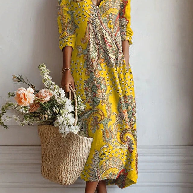 Jimena | Vestido Midi Boho de Lino Estampado Mujer Escote V
