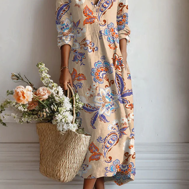 Jimena | Vestido Midi Boho de Lino Estampado Mujer Escote V