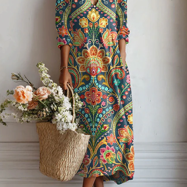 Jimena | Vestido Midi Boho de Lino Estampado Mujer Escote V