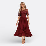 Cristela | Vestido Azul Marino con Encaje y Manga Corta