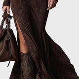 Adrianna | Vestido maxi de ante con cinturón y cremallera