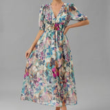 Noa | Vestido Midi Estampado Mujer Escote en V Manga 3/4 Cintura Fruncida