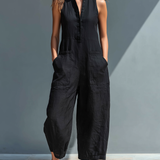 Ashla | Mono minimalista de lino para mujer, sin mangas, cuello alto y botones