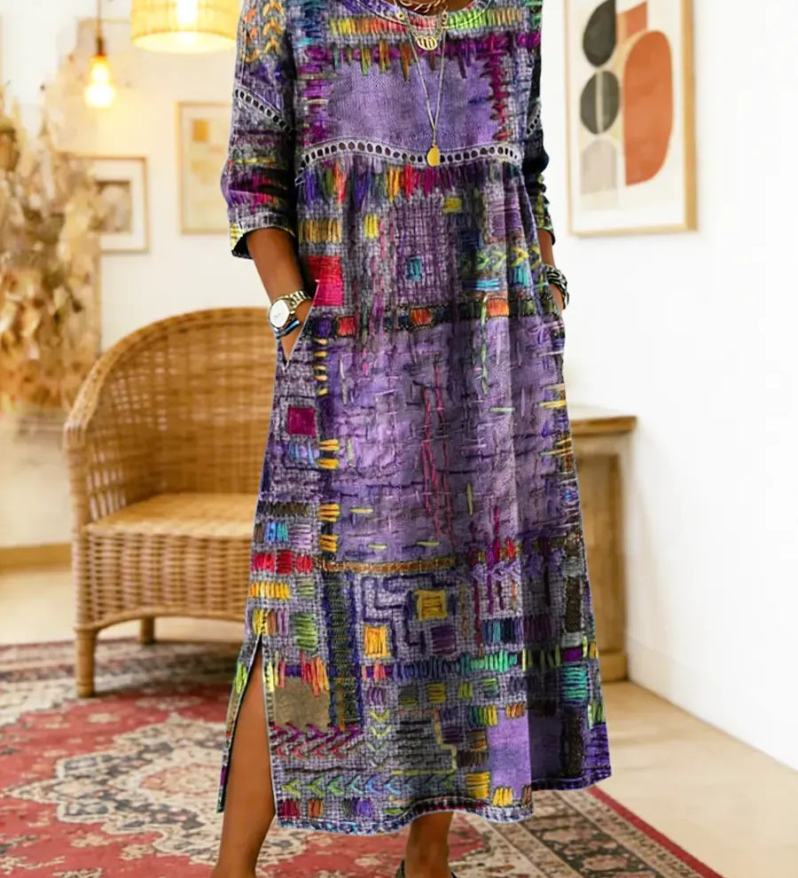 Dionísia | Vestido Denim con Patchwork Étnico