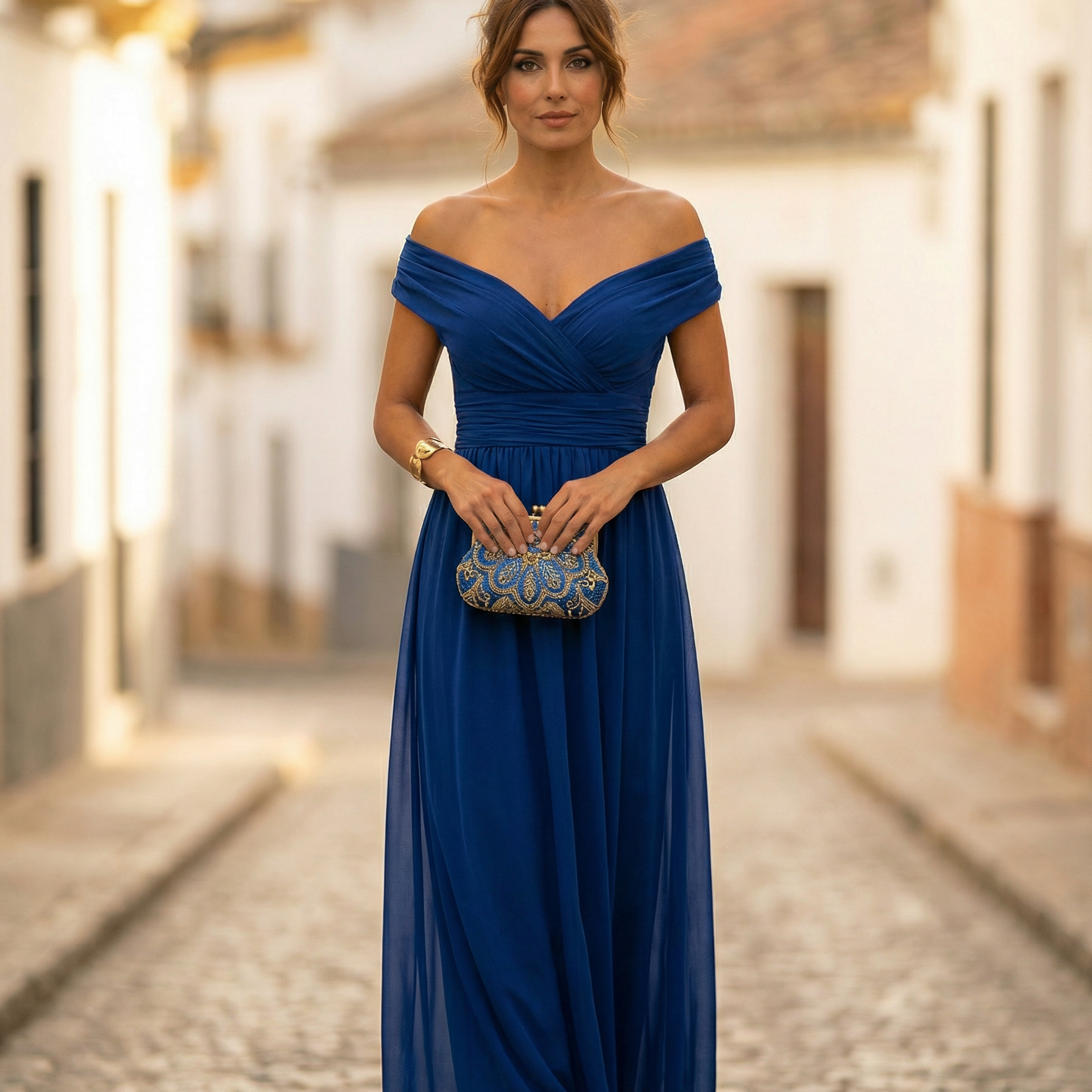 Leo | Vestido largo fruncido para mujer con cuello en V elegante | Boda