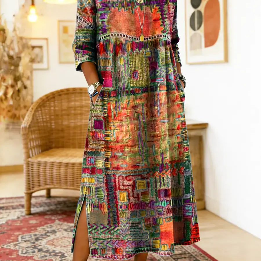 Dionísia | Vestido Denim con Patchwork Étnico