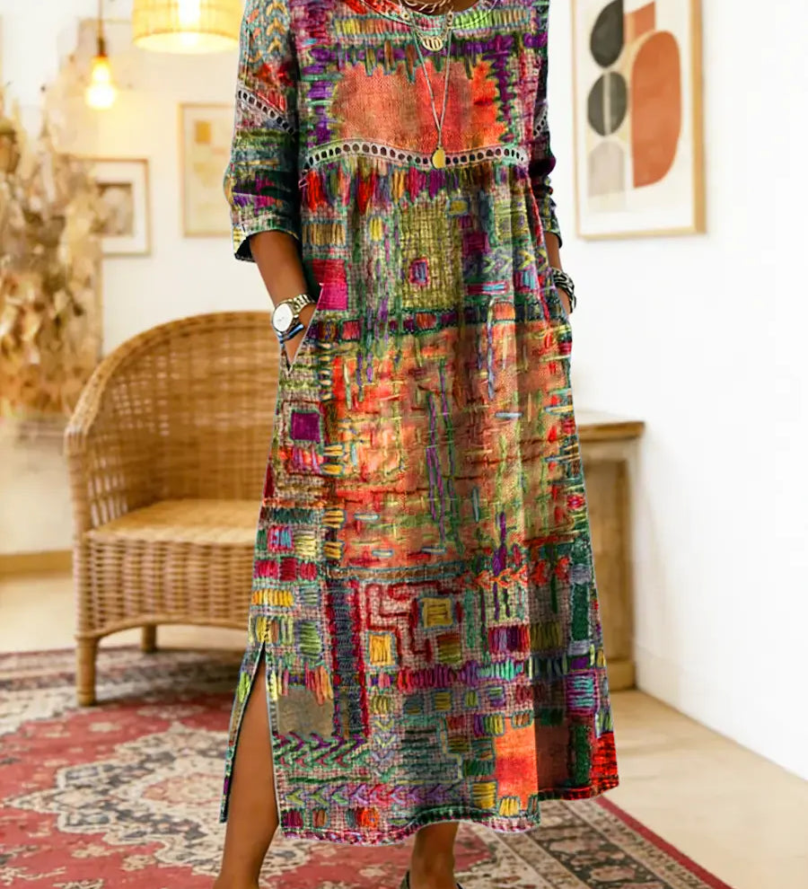 Dionísia | Vestido Denim con Patchwork Étnico