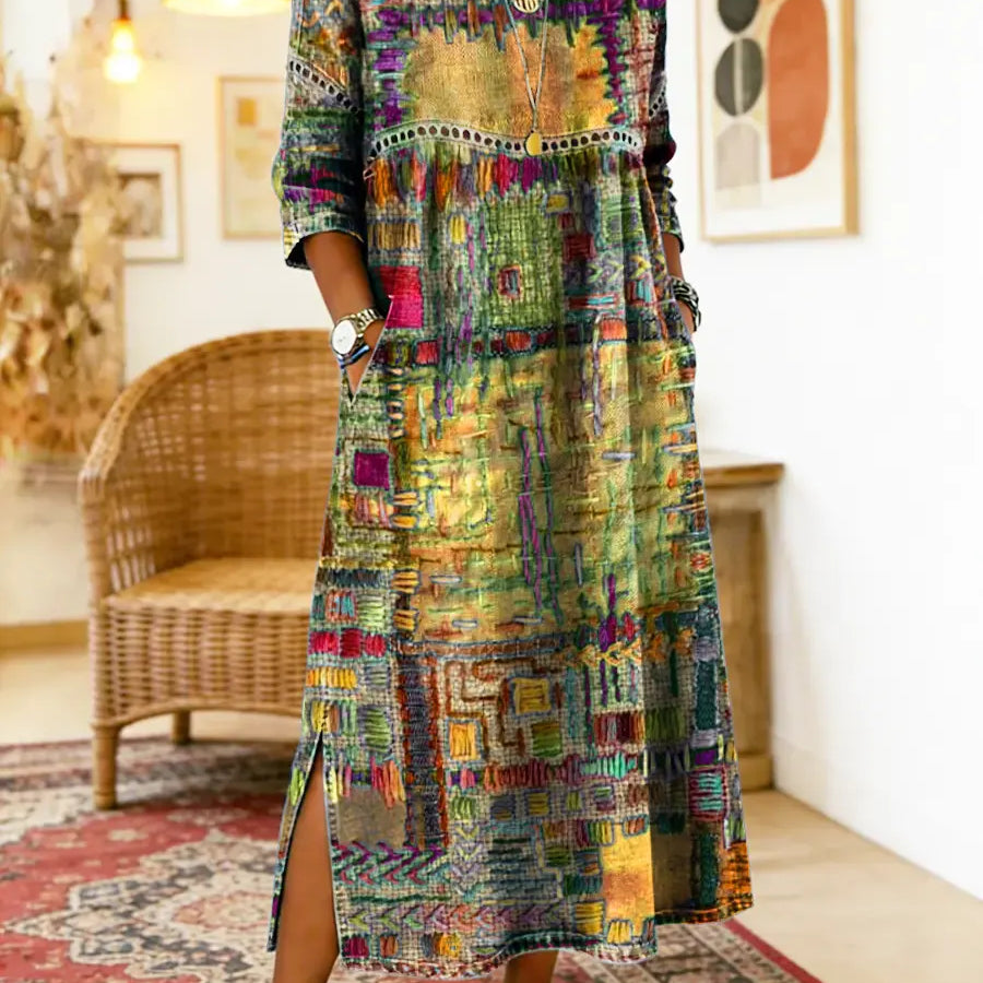 Dionísia | Vestido Denim con Patchwork Étnico