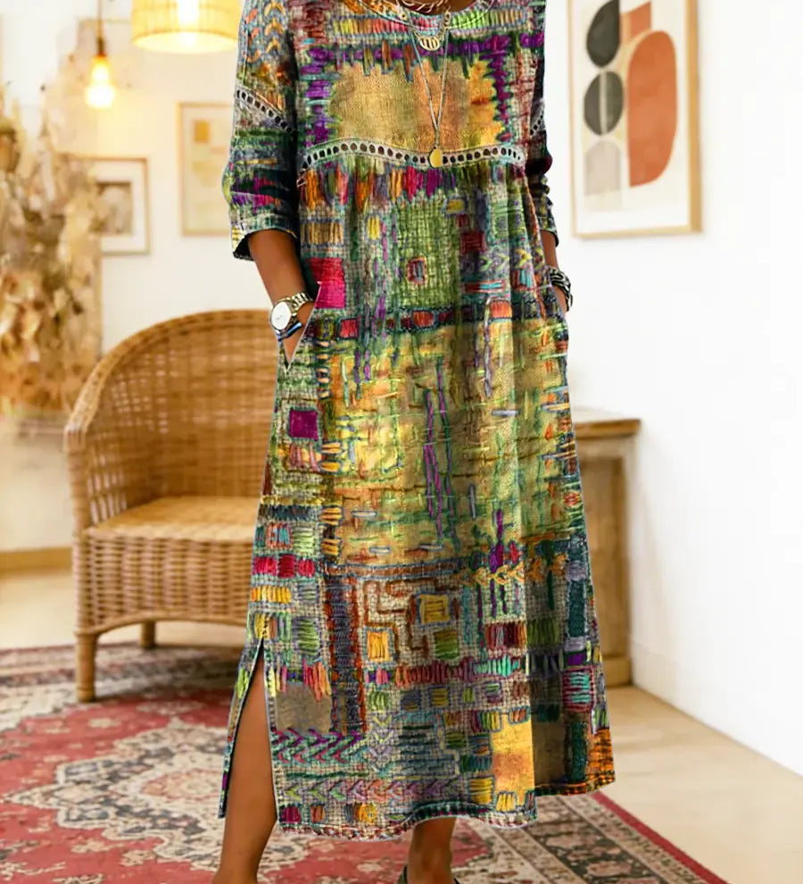Dionísia | Vestido Denim con Patchwork Étnico
