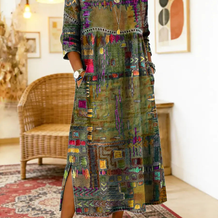 Dionísia | Vestido Denim con Patchwork Étnico