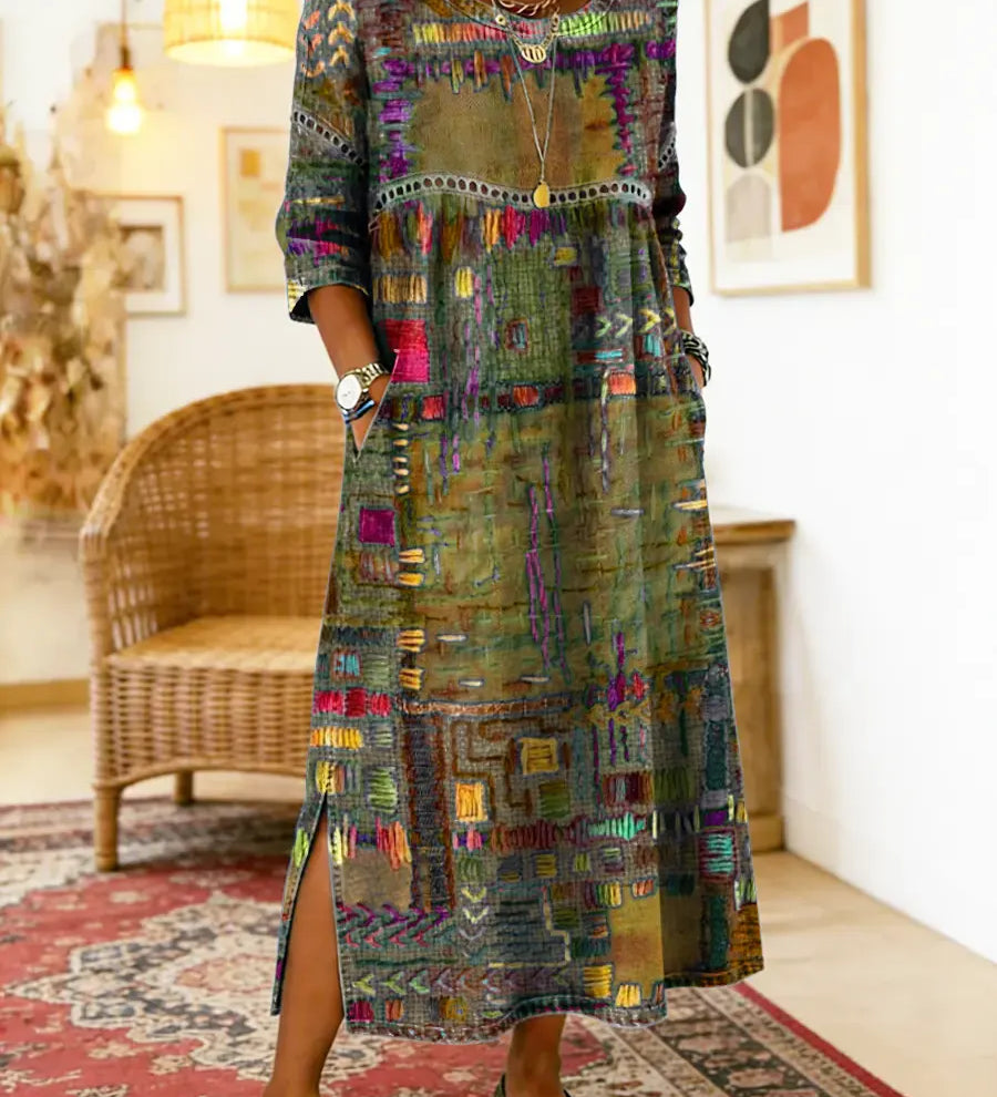 Dionísia | Vestido Denim con Patchwork Étnico