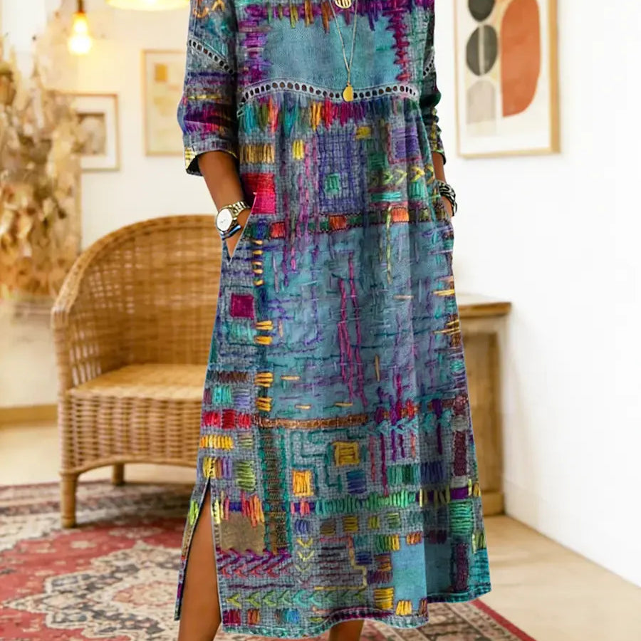 Dionísia | Vestido Denim con Patchwork Étnico