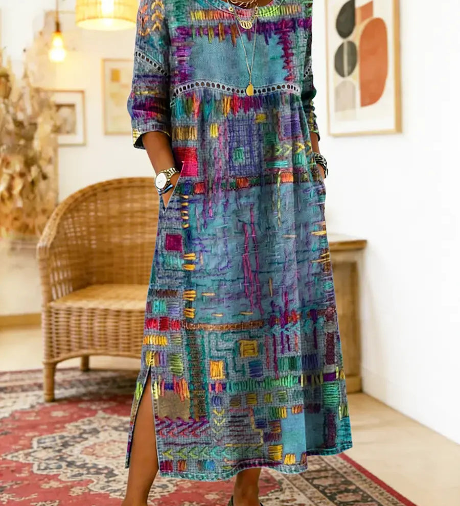 Dionísia | Vestido Denim con Patchwork Étnico