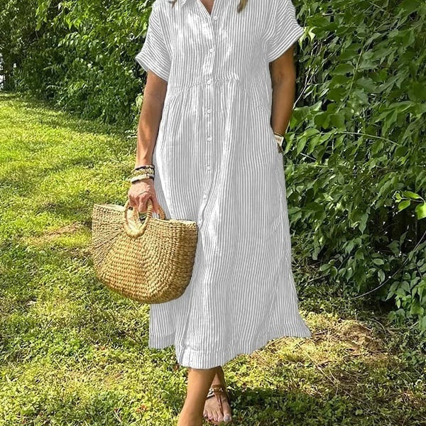 Karelia | Vestido Midi Camisero de Rayas Mujer Manga Corta
