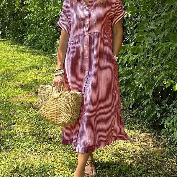 Karelia | Vestido Midi Camisero de Rayas Mujer Manga Corta