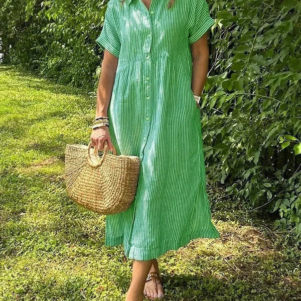 Karelia | Vestido Midi Camisero de Rayas Mujer Manga Corta