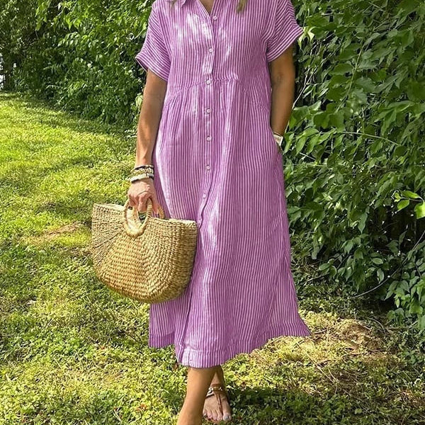 Karelia | Vestido Midi Camisero de Rayas Mujer Manga Corta