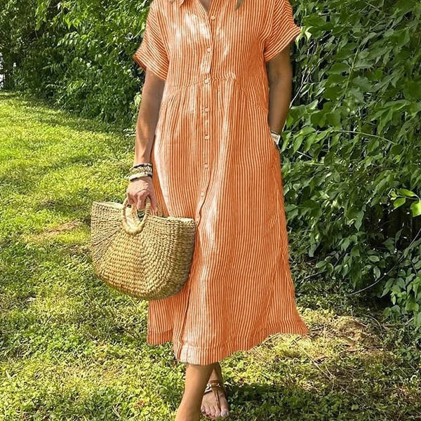 Karelia | Vestido Midi Camisero de Rayas Mujer Manga Corta