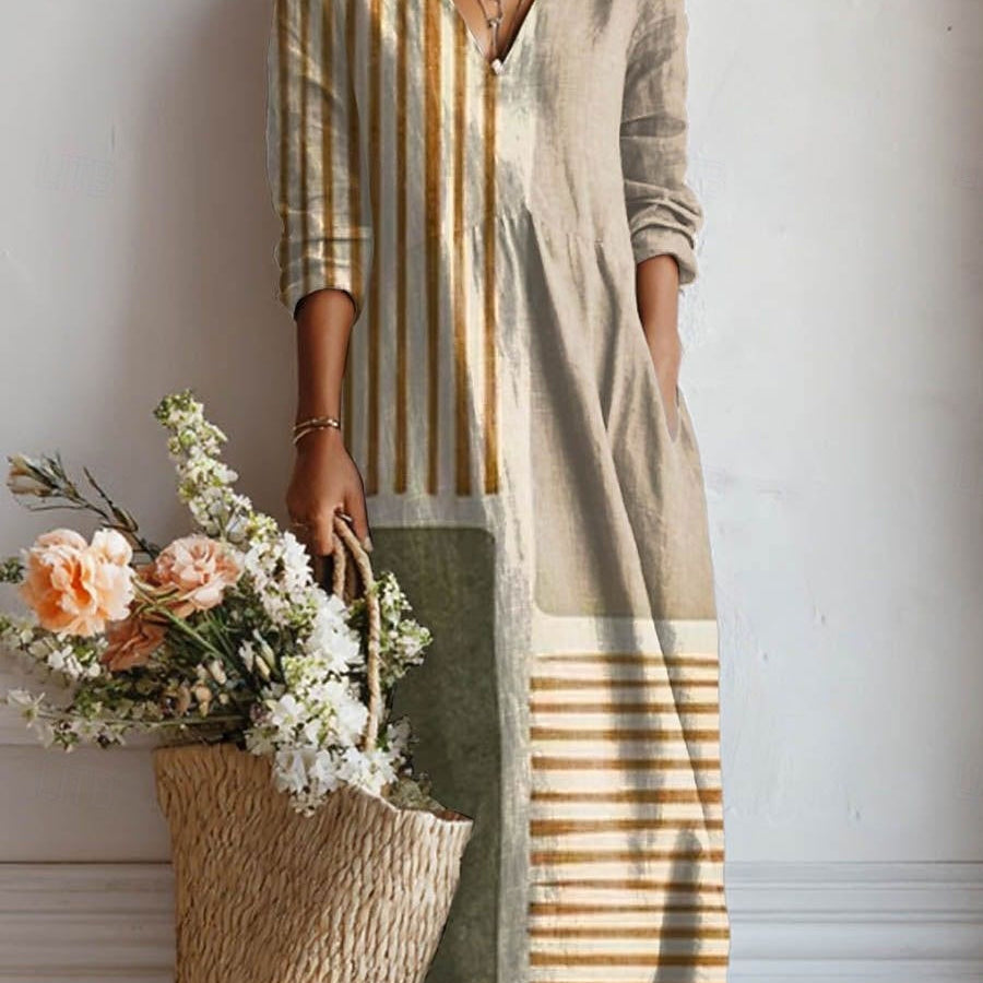 Jimena | Vestido Midi Boho de Lino Estampado Mujer Escote V
