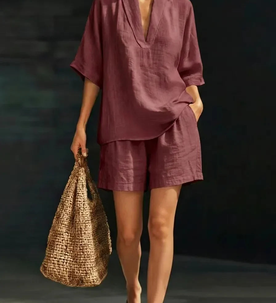 Clotilda | Conjunto de Top de Casual con Escote en V y Pantalones Cortos