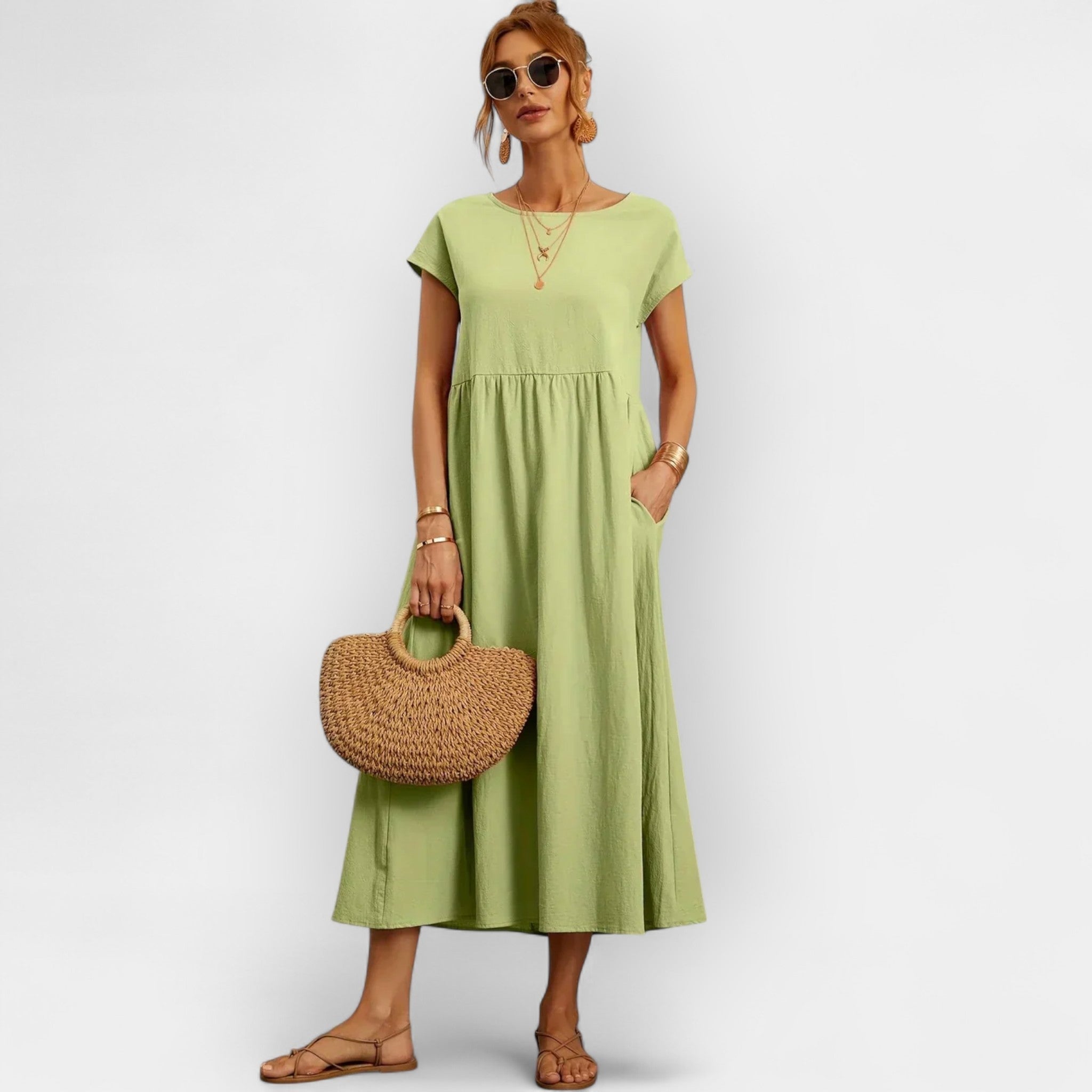 Lior | Vestido Midi Casual con Bolsillos Mujer Manga Corta