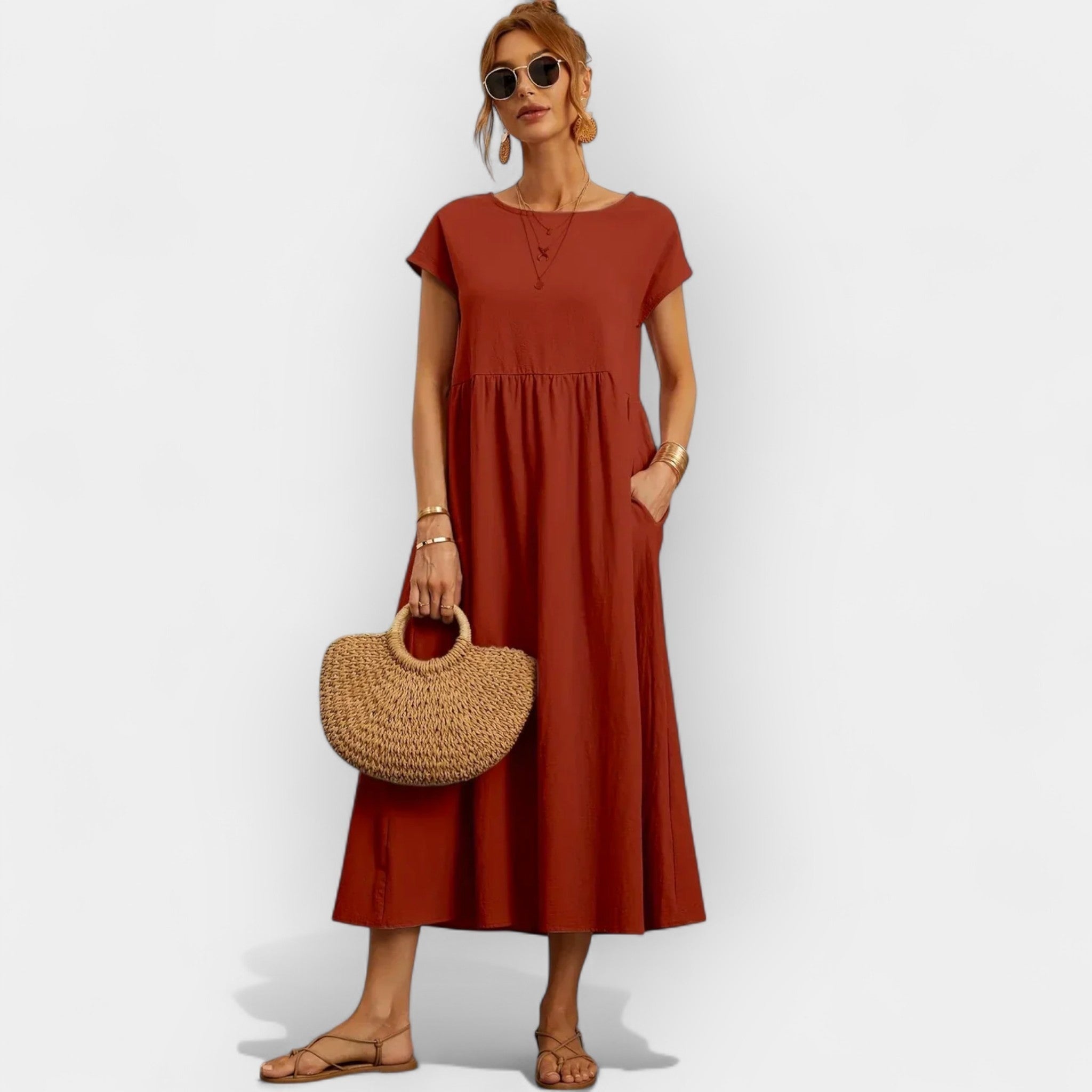 Lior | Vestido Midi Casual con Bolsillos Mujer Manga Corta