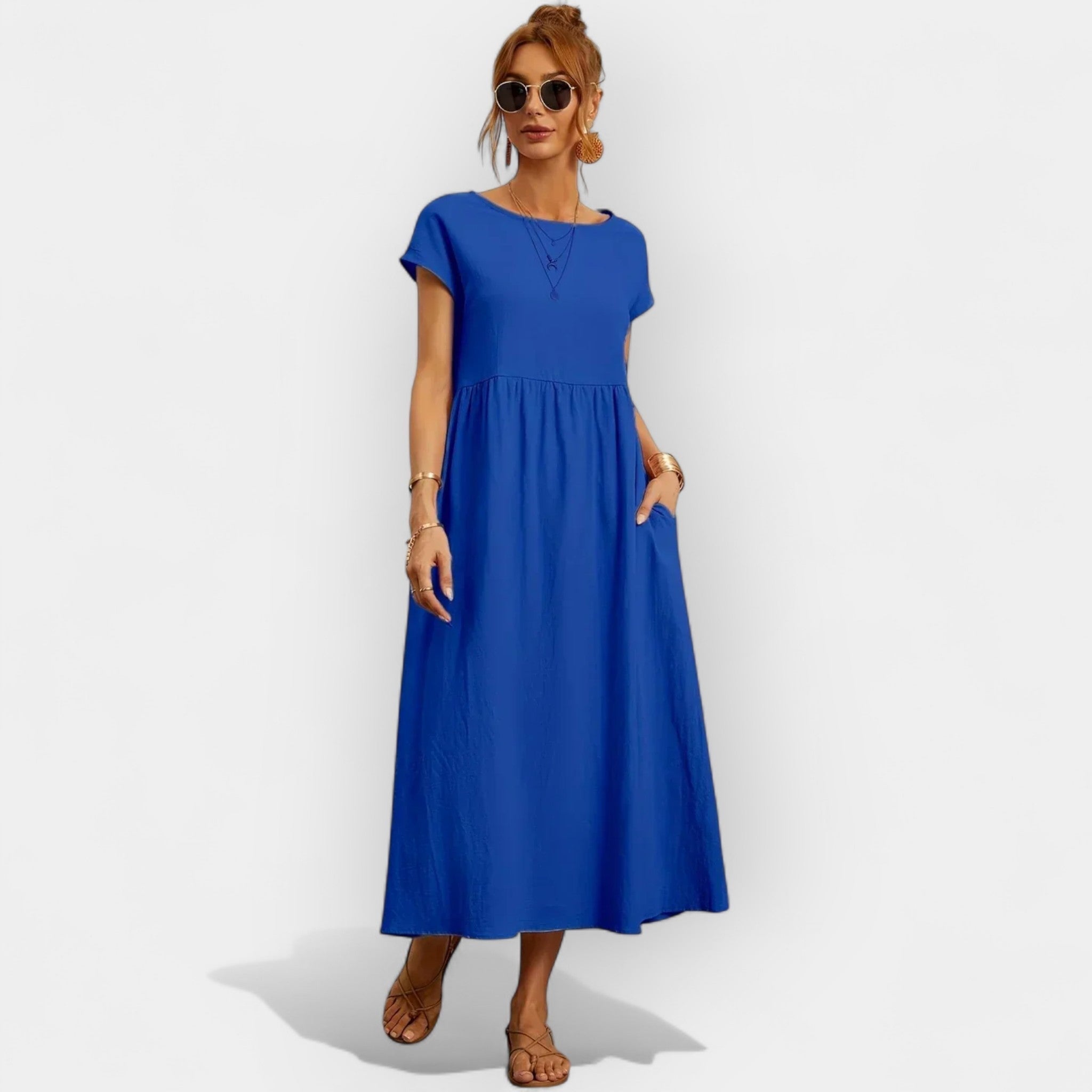 Lior | Vestido Midi Casual con Bolsillos Mujer Manga Corta