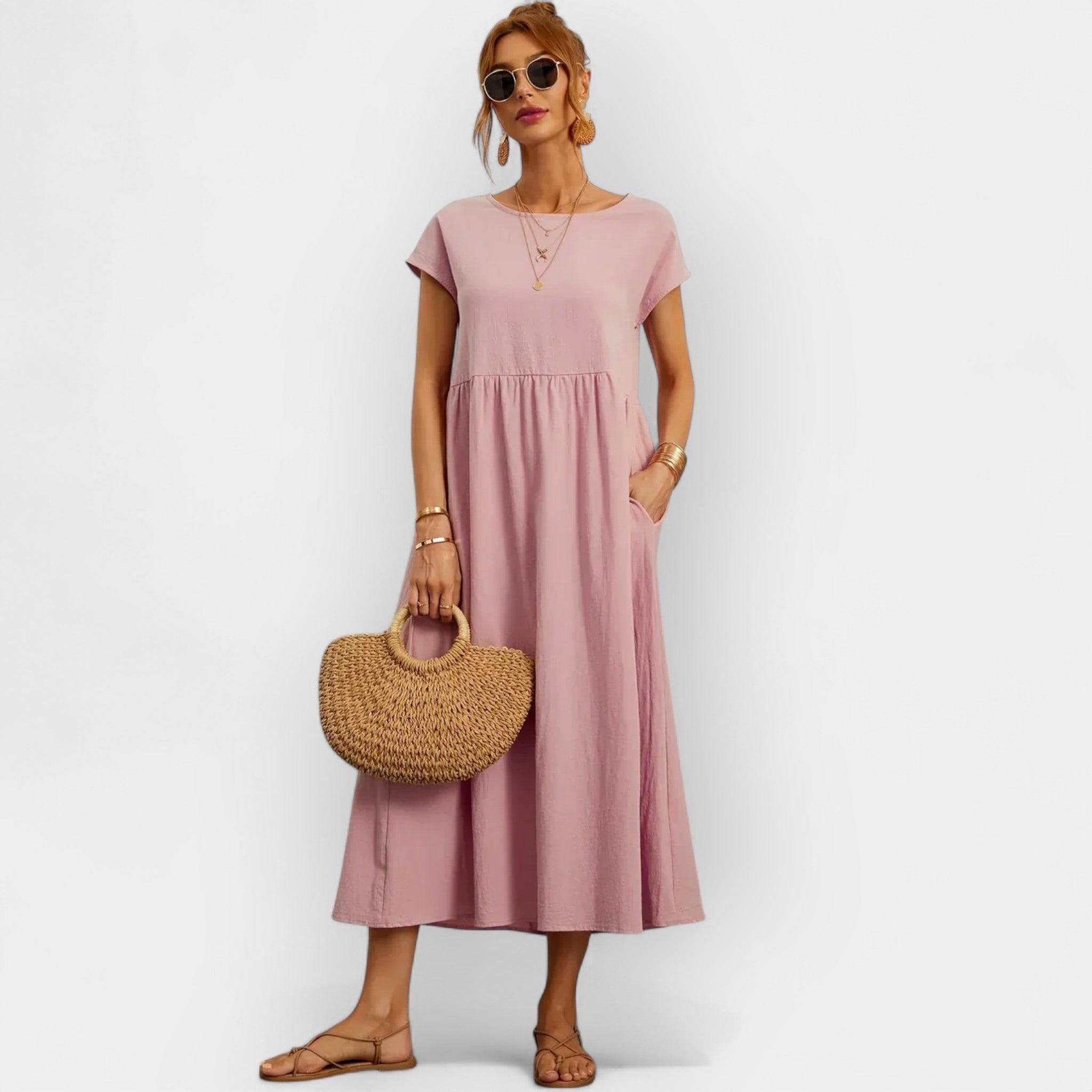 Lior | Vestido Midi Casual con Bolsillos Mujer Manga Corta