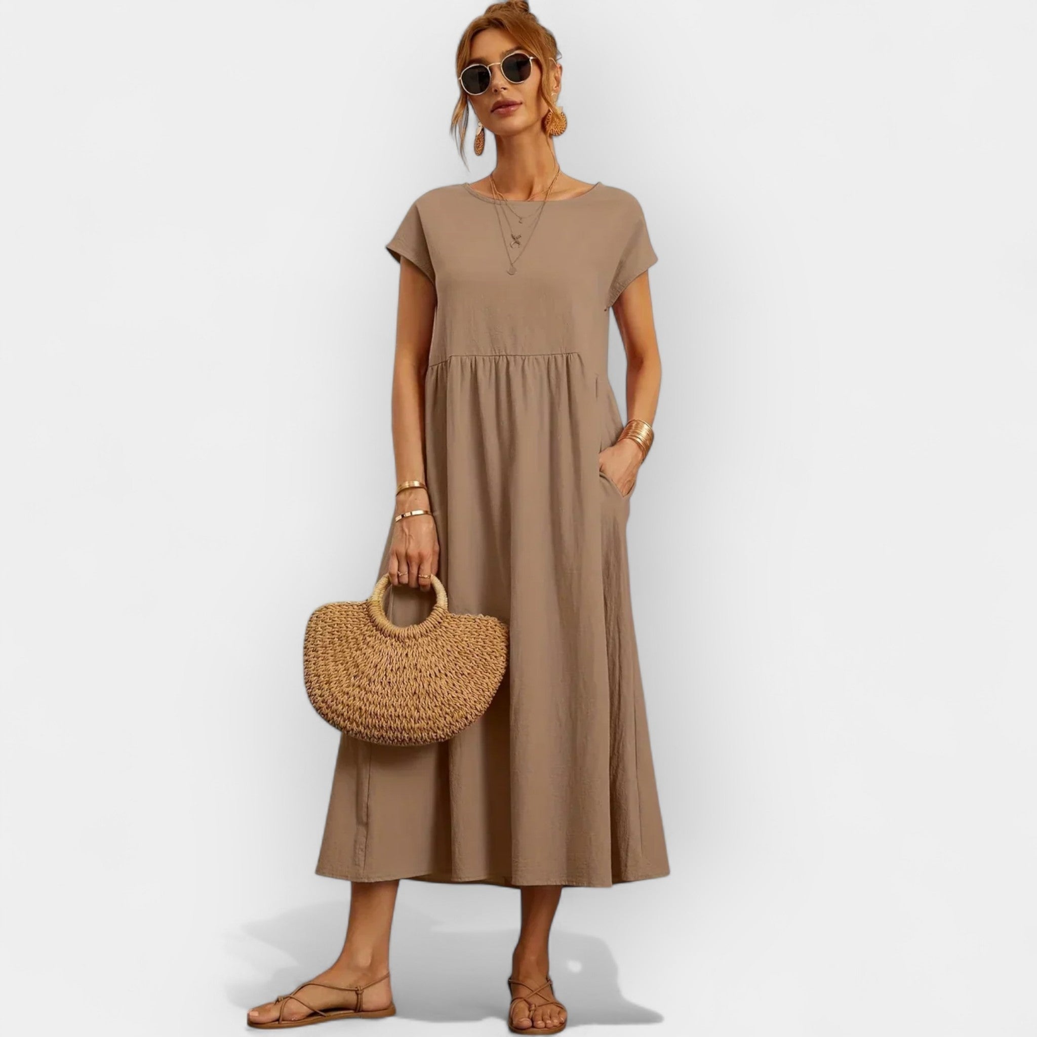Lior | Vestido Midi Casual con Bolsillos Mujer Manga Corta