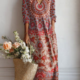 Jimena | Vestido Midi Boho de Lino Estampado Mujer Escote V